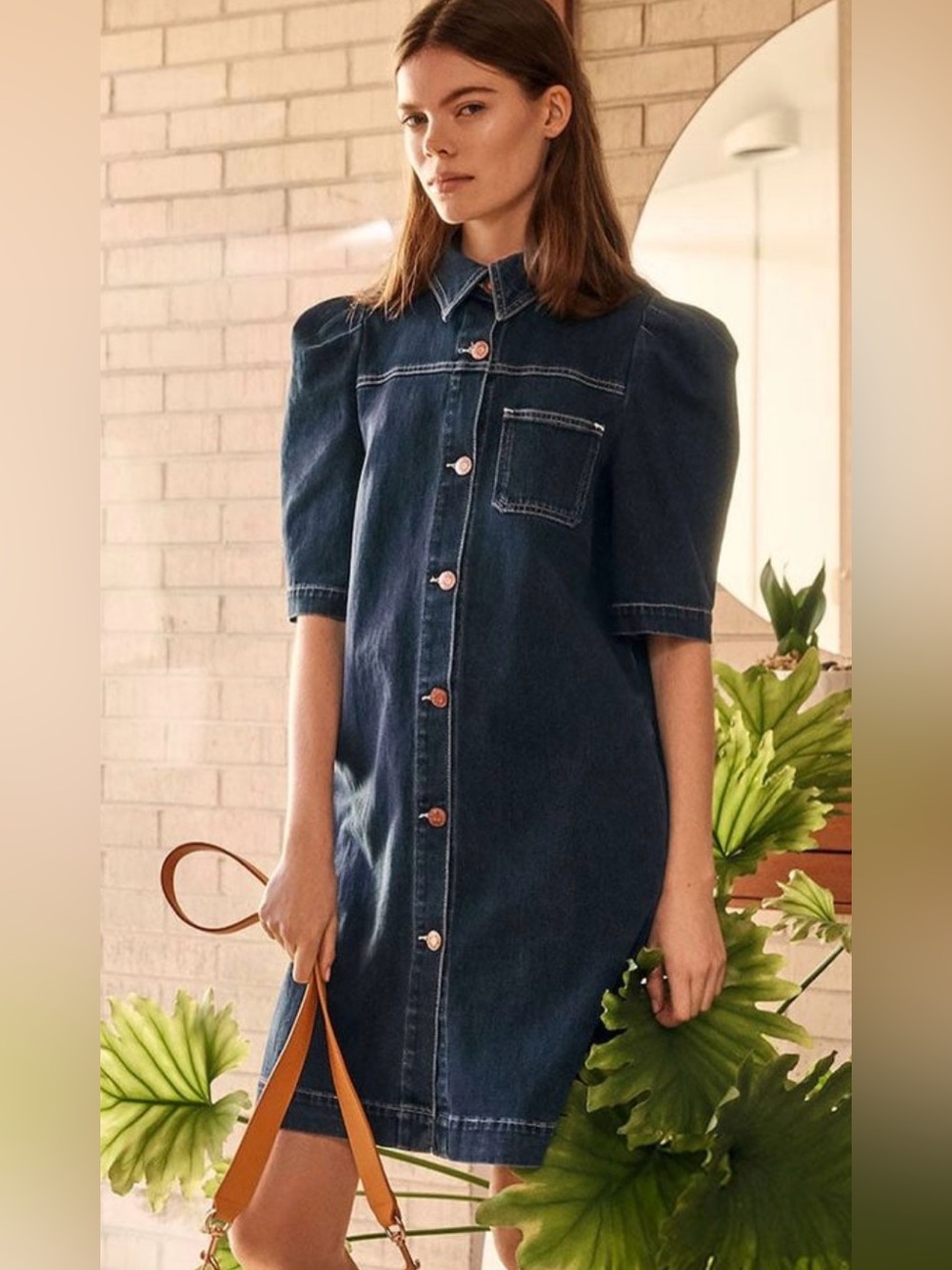 See By Chloe Dark Blue Denim Button-Front Puff Sleeve Midi Dress Size 38 Italy
